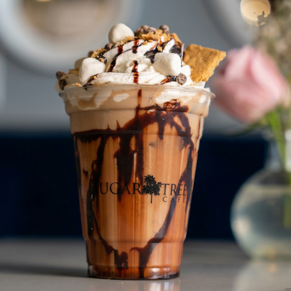 Chocolate milkshake topped with whipped cream, marshmallows, chocolate drizzle, nuts, and a wafer at Sugar Tree Café.