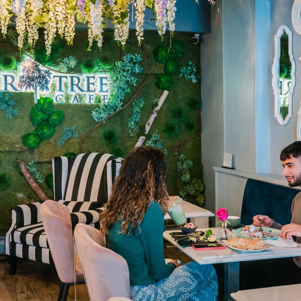 Diners enjoy a meal in Sugar Tree Cafe, surrounded by lush botanical decor, hanging flowers, patterned chairs, and ornate mirrors.