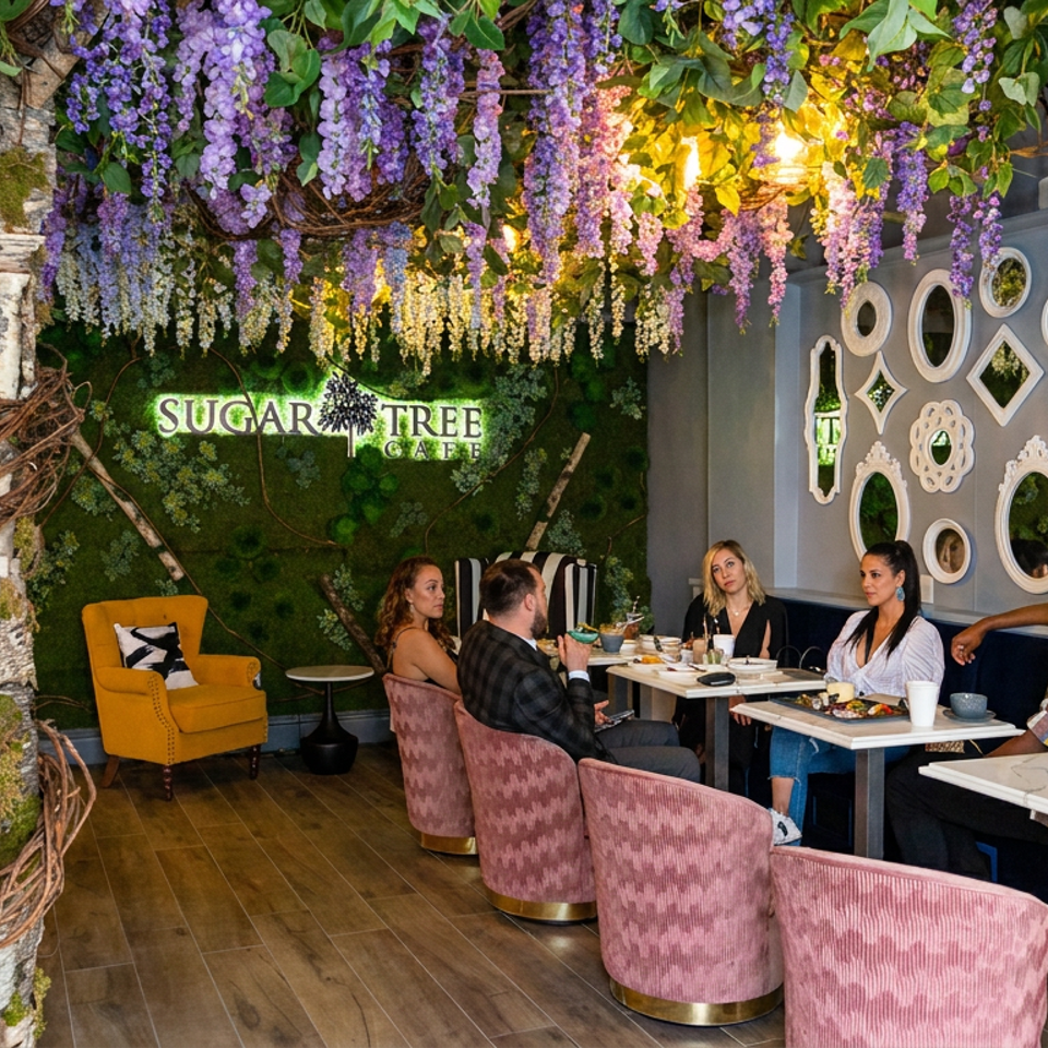 Sugar Tree Cafe dining room with hanging purple flowers, tree decor, floral wall art, and diners seated at tables.
