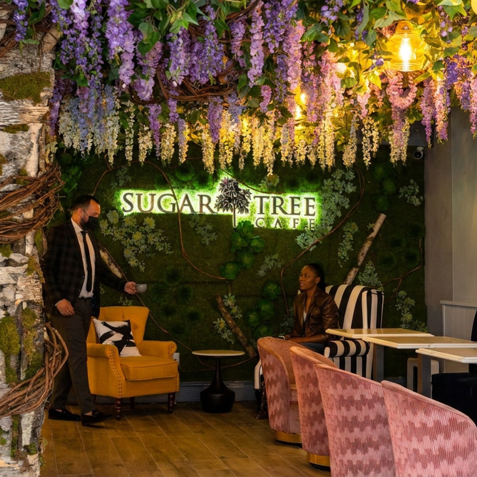 Sugar Tree Café interior with hanging purple flowers, birch tree decor, seating, and two people beneath a glowing sign.
