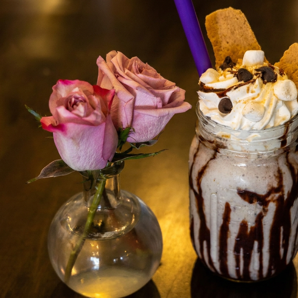 Chocolate milkshake topped with whipped cream, cookies, marshmallows, and a purple straw beside pink roses in a vase.
