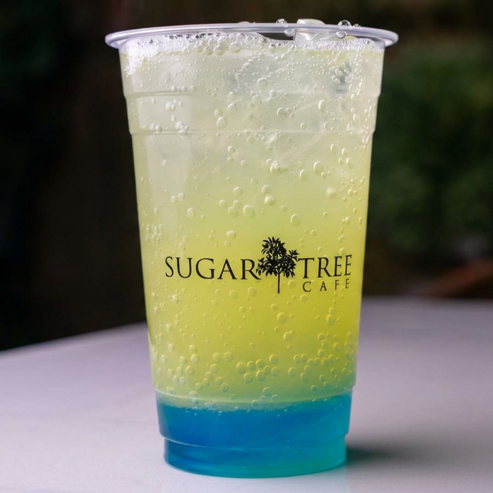 Bubbly yellow and blue layered drink in a Sugar Tree Cafe cup on an outdoor table.