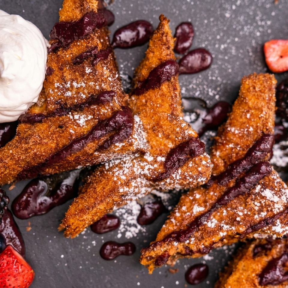 Crispy French toast triangles dusted with powdered sugar, berry sauce, whipped cream, vanilla ice cream, and fresh berries on a slate plate.
