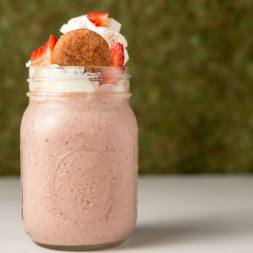 Pink strawberry smoothie in a glass jar topped with whipped cream, sliced strawberries, and a round pastry.