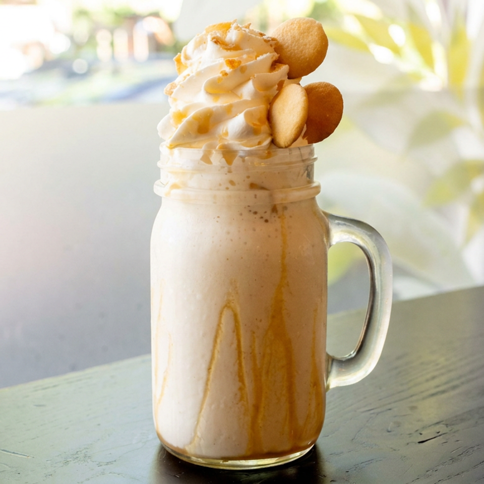 Creamy caramel milkshake in a glass mug, topped with whipped cream and round cookies, sits on a café table.