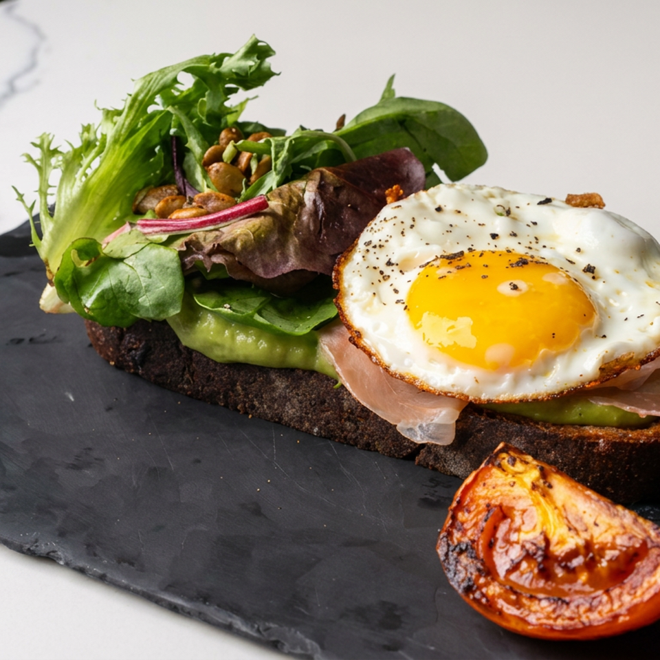 Open-faced avocado toast topped with greens, prosciutto, and a fried egg, served with roasted tomato on a slate plate.