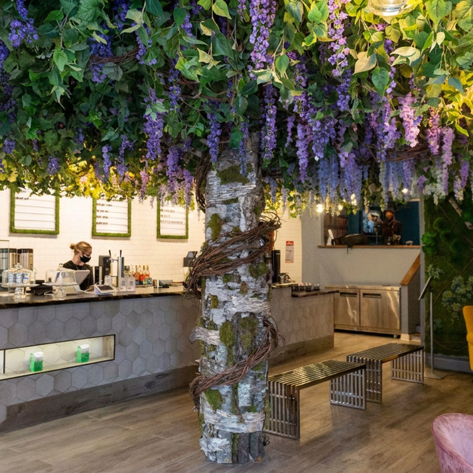 Restaurant interior featuring a flower-covered ceiling, café counter, masked staff, tree-trunk centerpiece, and colorful lounge seating.
