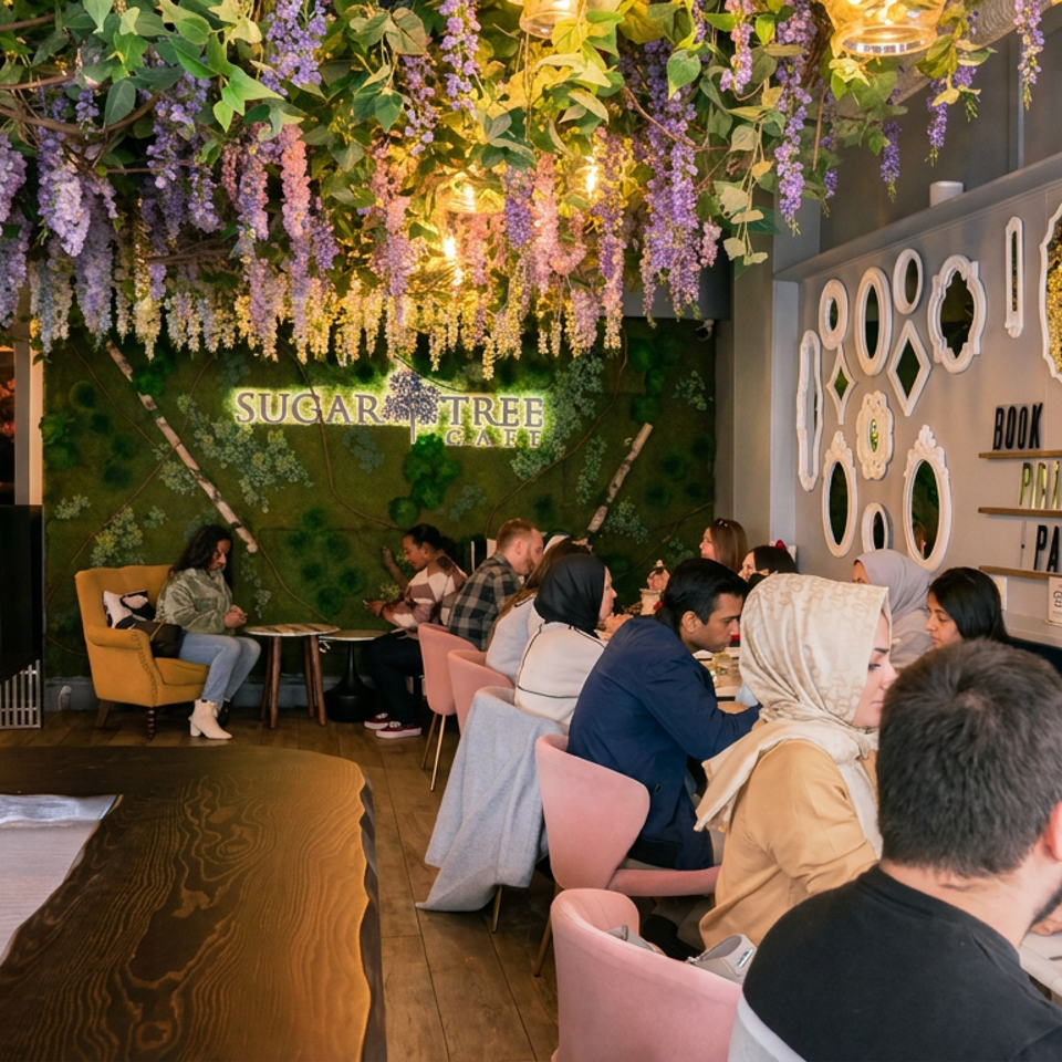 Busy Sugar Tree restaurant dining room with hanging purple flowers, ornate mirrors, tree centerpiece, and guests seated at tables.