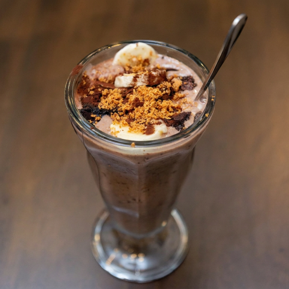 Chocolate dessert parfait topped with whipped cream, cookie crumbs, and chocolate pieces in a glass with a spoon.