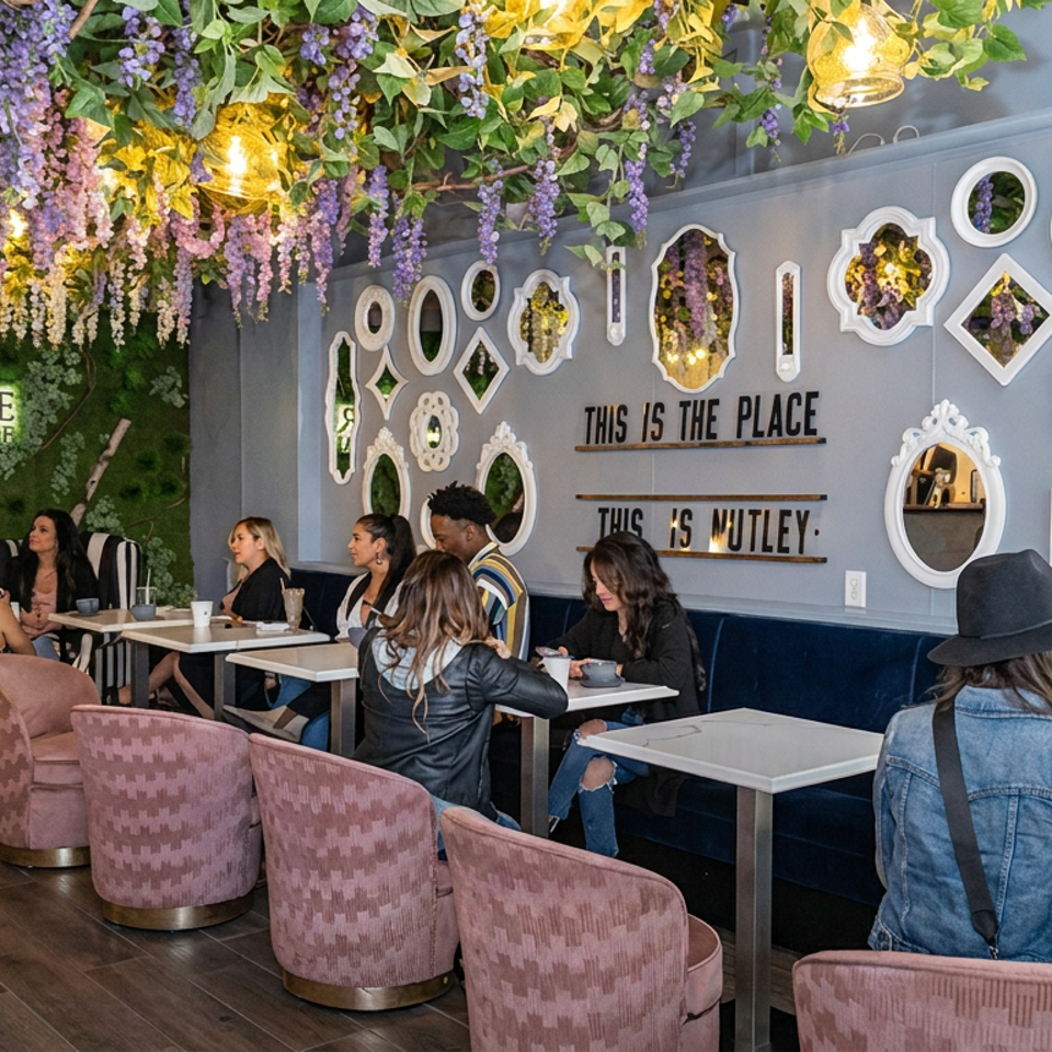 Guests dine in a stylish café beneath cascading purple flowers, surrounded by ornate mirrors and botanical décor.