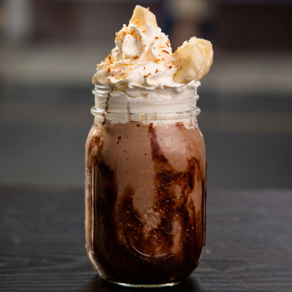 Chocolate milkshake in a glass jar topped with whipped cream, banana slices, and cinnamon sprinkles on a wooden table.